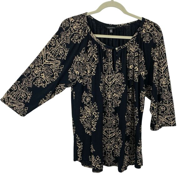 Lucky Brand Womens Tunic Top size 2X Black Tan Floral Paisley Boho Knit Casual - Picture 2 of 12